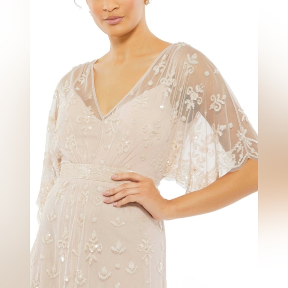 Mac duggal Home /V NECK FLUTTER SLEEVE EMBELLISHED MESH GOWN - Picture 3 of 6